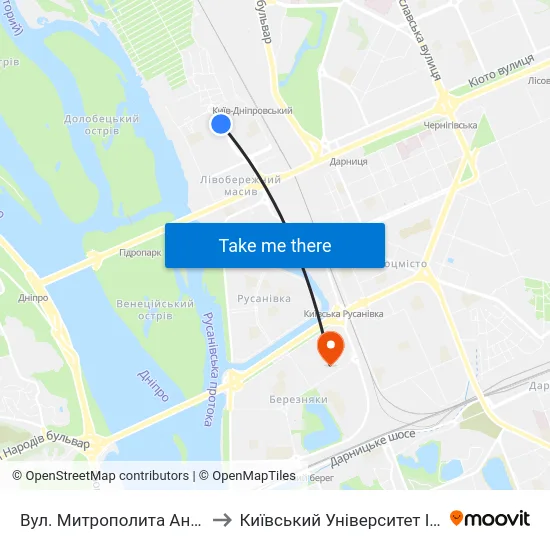 Вул. Митрополита Андрея Шептицького to Київський Університет Ім. Бориса Грінченка map