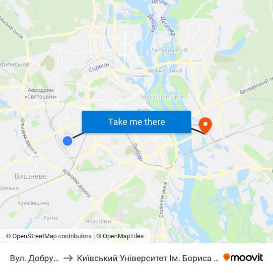 Вул. Добрузька to Київський Університет Ім. Бориса Грінченка map