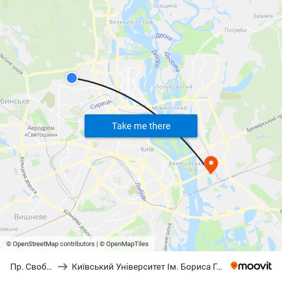 Пр. Свободи to Київський Університет Ім. Бориса Грінченка map