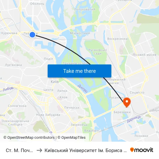 Ст. М. Почайна to Київський Університет Ім. Бориса Грінченка map