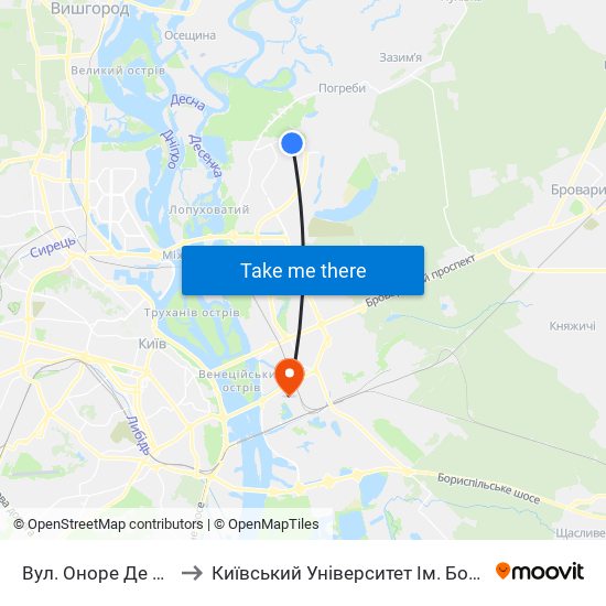 Вул. Оноре Де Бальзака to Київський Університет Ім. Бориса Грінченка map