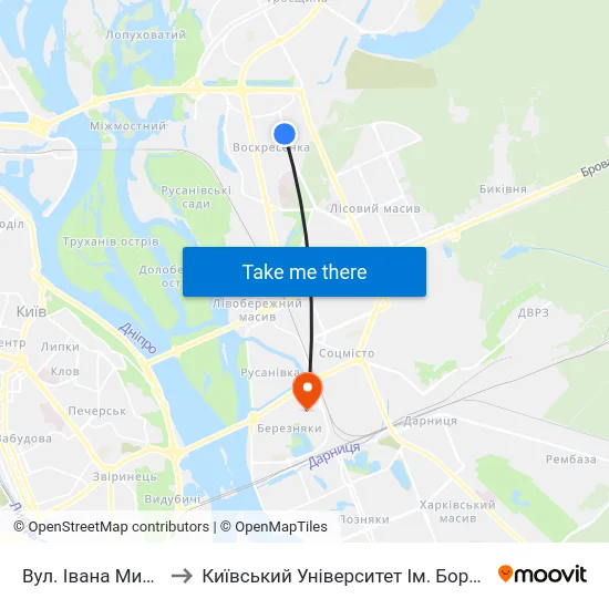 Вул. Івана Микитенка to Київський Університет Ім. Бориса Грінченка map