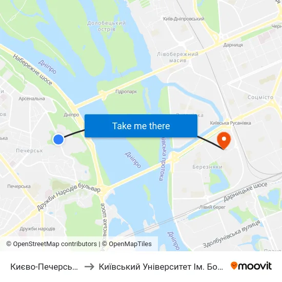 Києво-Печерська Лавра to Київський Університет Ім. Бориса Грінченка map