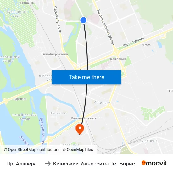 Пр. Алішера Навої to Київський Університет Ім. Бориса Грінченка map