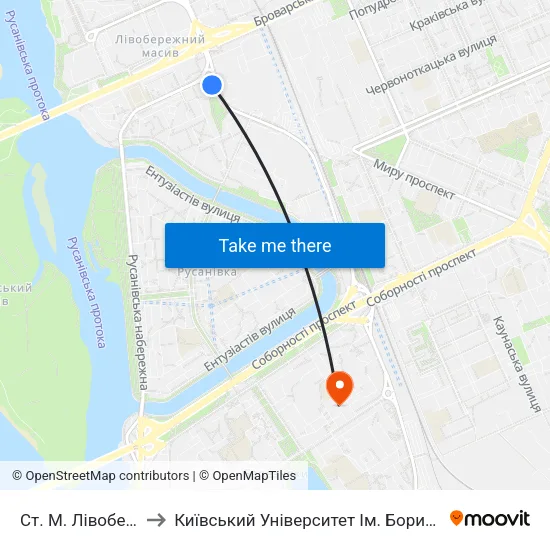 Ст. М. Лівобережна to Київський Університет Ім. Бориса Грінченка map
