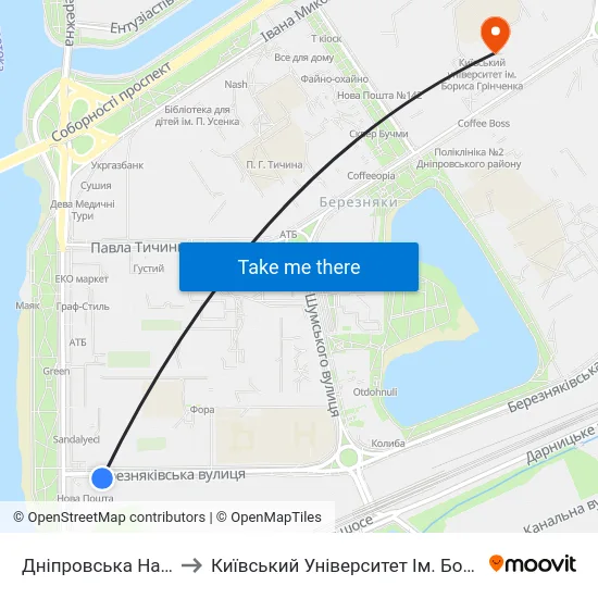Дніпровська Набережна to Київський Університет Ім. Бориса Грінченка map