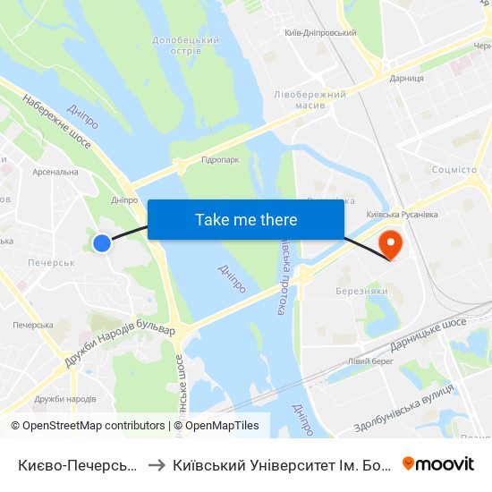 Києво-Печерська Лавра to Київський Університет Ім. Бориса Грінченка map