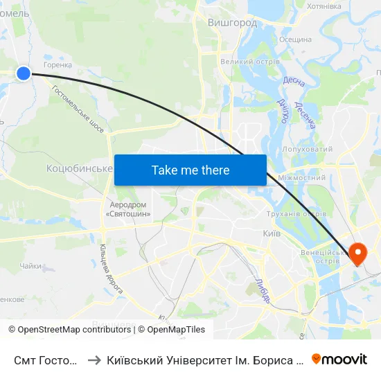 Смт Гостомель to Київський Університет Ім. Бориса Грінченка map
