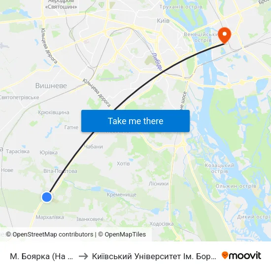 М. Боярка (На Вимогу) to Київський Університет Ім. Бориса Грінченка map