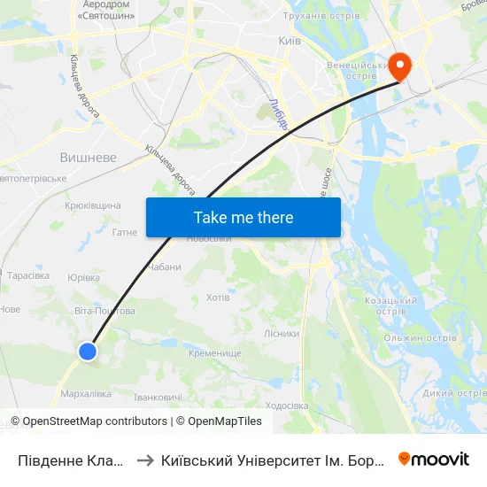 Південне Кладовище to Київський Університет Ім. Бориса Грінченка map