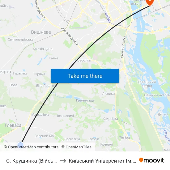 С. Крушинка (Військова Частина) to Київський Університет Ім. Бориса Грінченка map
