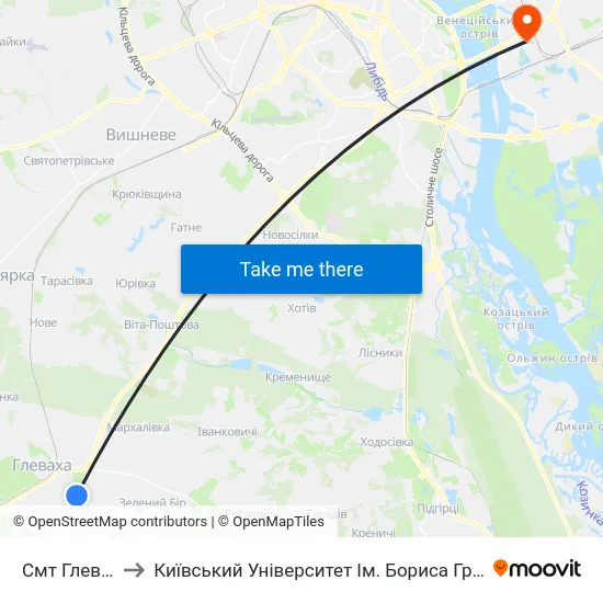 Смт Глеваха to Київський Університет Ім. Бориса Грінченка map