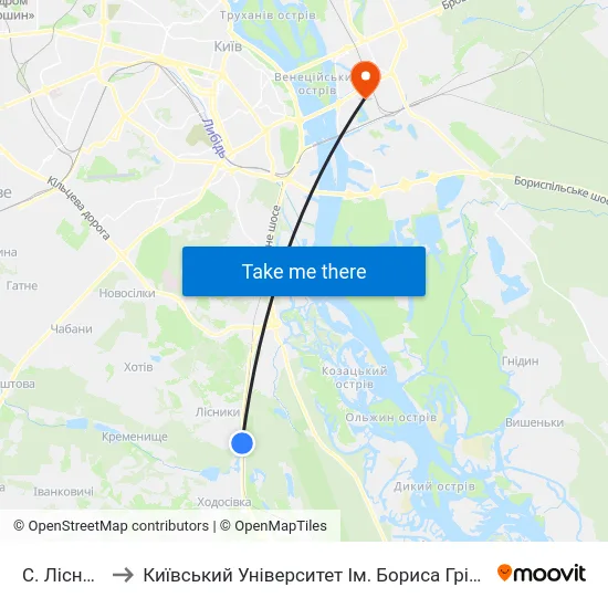 С. Лісники to Київський Університет Ім. Бориса Грінченка map