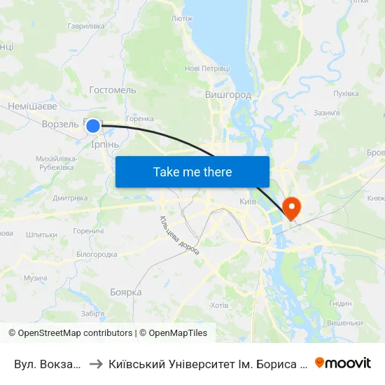 Вул. Вокзальна to Київський Університет Ім. Бориса Грінченка map
