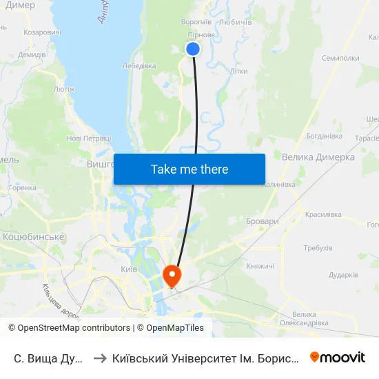 С. Вища Дубечня to Київський Університет Ім. Бориса Грінченка map