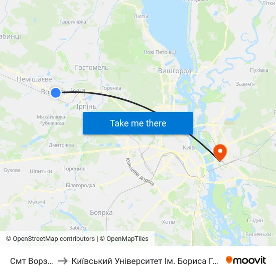 Смт Ворзель to Київський Університет Ім. Бориса Грінченка map
