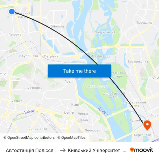 Автостанція Полісся (Платформа №4) to Київський Університет Ім. Бориса Грінченка map