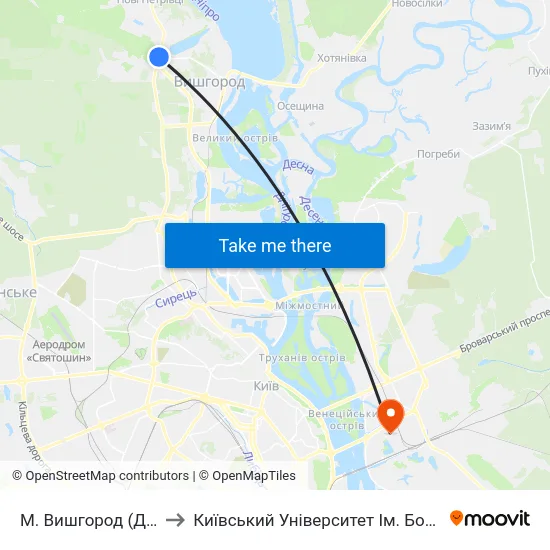 М. Вишгород (Дідовиця) to Київський Університет Ім. Бориса Грінченка map
