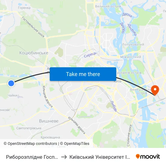 Риборозплідне Господарство Нивка to Київський Університет Ім. Бориса Грінченка map