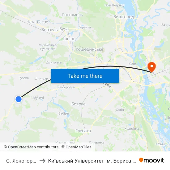 С. Ясногородка to Київський Університет Ім. Бориса Грінченка map