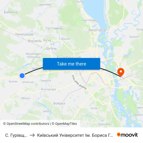 С. Гурівщина to Київський Університет Ім. Бориса Грінченка map