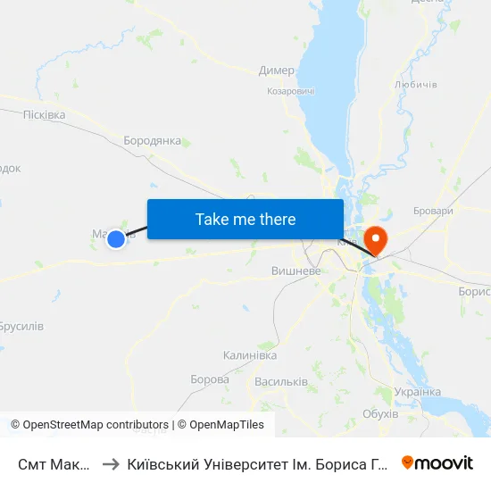 Смт Макарів to Київський Університет Ім. Бориса Грінченка map
