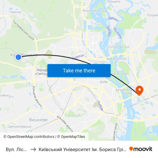 Вул. Лісова to Київський Університет Ім. Бориса Грінченка map