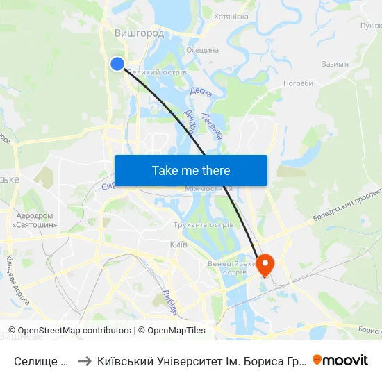 Селище Двс to Київський Університет Ім. Бориса Грінченка map