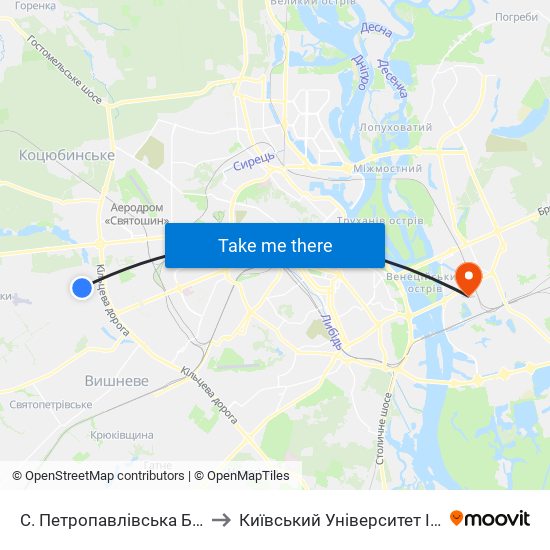 С. Петропавлівська Борщагівка (Центр) to Київський Університет Ім. Бориса Грінченка map