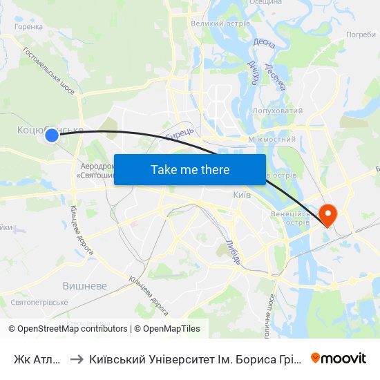 Жк Атлант to Київський Університет Ім. Бориса Грінченка map