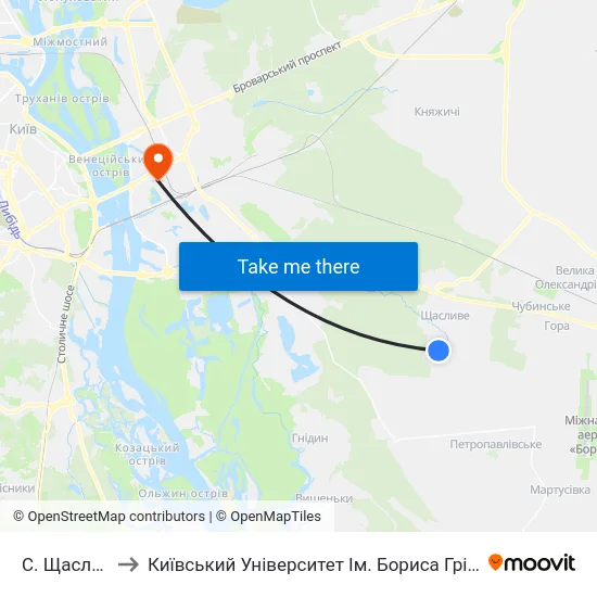 С. Щасливе to Київський Університет Ім. Бориса Грінченка map