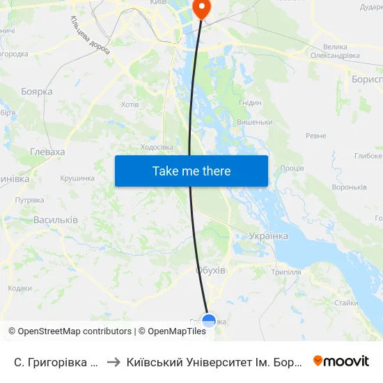 С. Григорівка (Центр) to Київський Університет Ім. Бориса Грінченка map