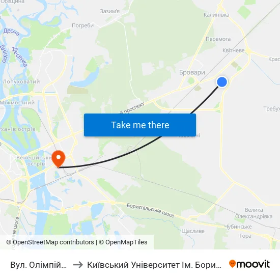 Вул. Олімпійська-1 to Київський Університет Ім. Бориса Грінченка map