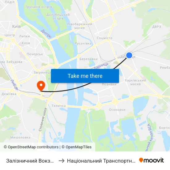 Залізничний Вокзал Дарниця to Національний Транспортний Університет map
