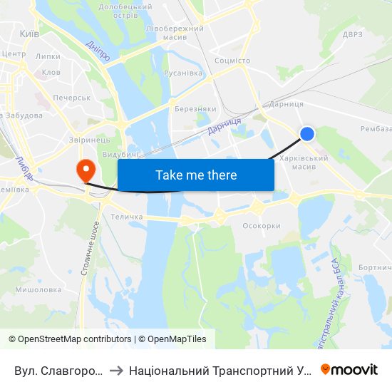 Вул. Славгородська to Національний Транспортний Університет map