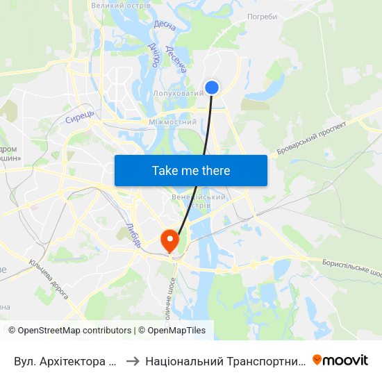 Вул. Архітектора Ніколаєва to Національний Транспортний Університет map