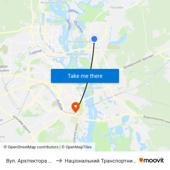 Вул. Архітектора Ніколаєва to Національний Транспортний Університет map
