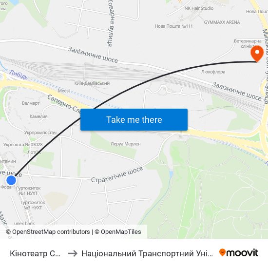 Кінотеатр Салют to Національний Транспортний Університет map