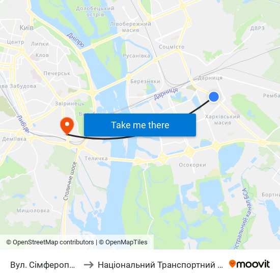 Вул. Сімферопольська to Національний Транспортний Університет map