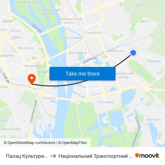 Палац Культури Дніпро to Національний Транспортний Університет map