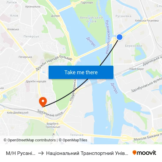 М/Н Русанівка to Національний Транспортний Університет map