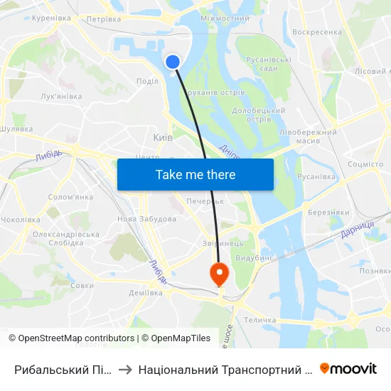 Рибальський Півострів to Національний Транспортний Університет map
