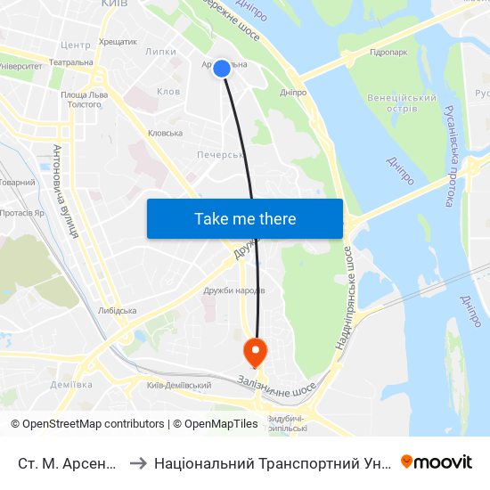 Ст. М. Арсенальна to Національний Транспортний Університет map