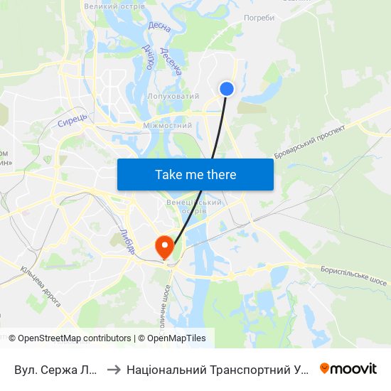 Вул. Сержа Лифаря to Національний Транспортний Університет map