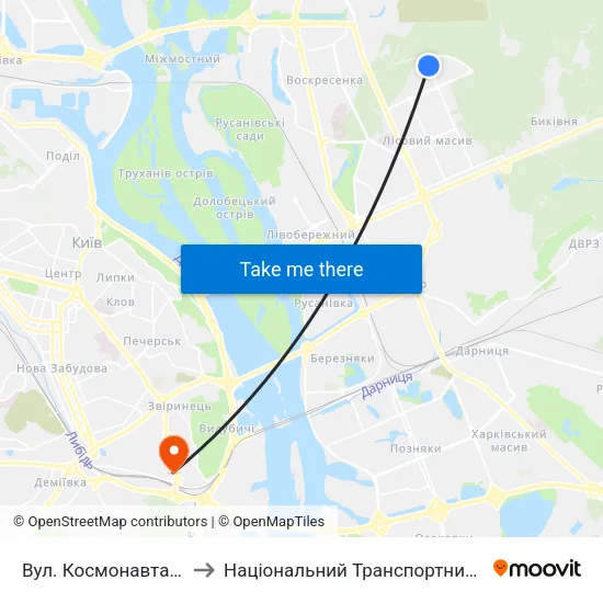 Вул. Космонавта Волкова to Національний Транспортний Університет map