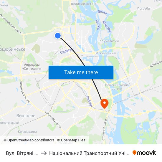 Вул. Вітряні Гори to Національний Транспортний Університет map