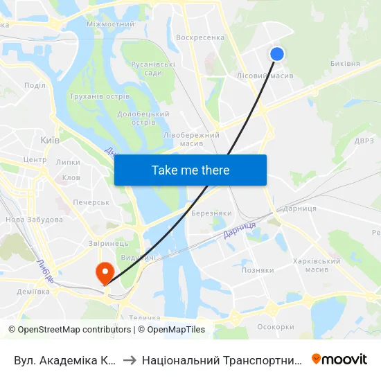 Вул. Академіка Курчатова to Національний Транспортний Університет map