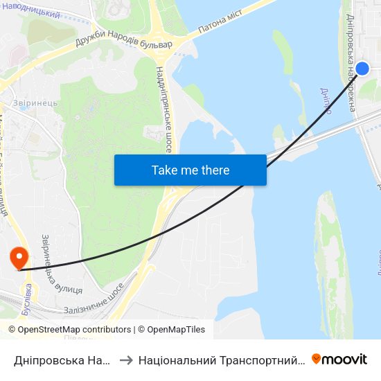 Дніпровська Набережна to Національний Транспортний Університет map