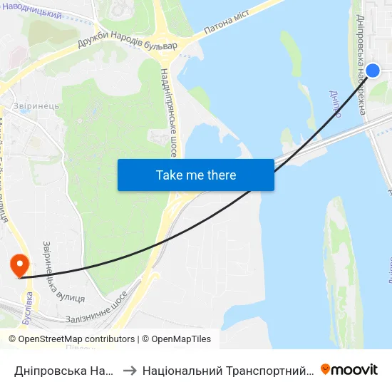 Дніпровська Набережна to Національний Транспортний Університет map