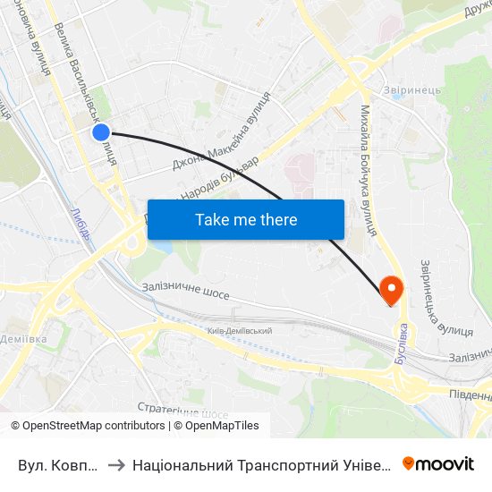 Вул. Ковпака to Національний Транспортний Університет map